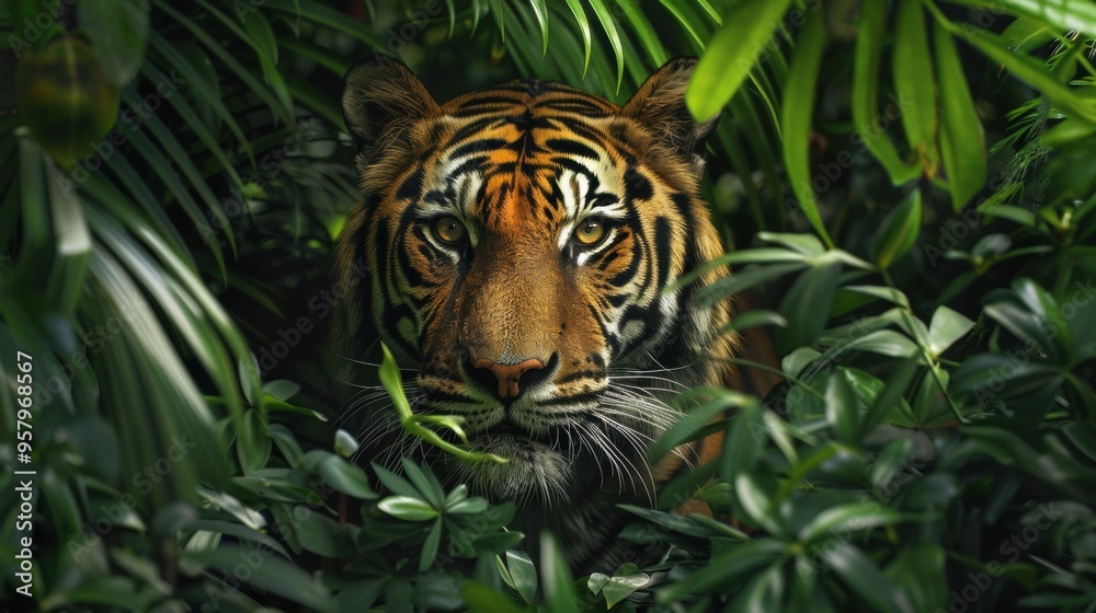 Intense Tiger Emerging from Lush Tropical Jungle Vegetation
