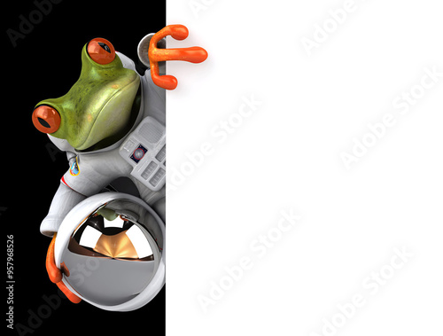Fototapeta Naklejka Na Ścianę i Meble -  Fun 3D cartoon space frog with a sign
