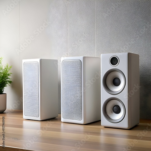 A sleek set of three white speakers positioned on a wooden table against a neutral textured background.