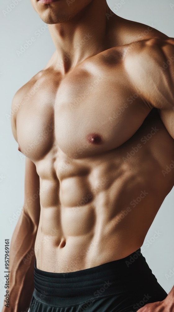 A close-up of a muscular man's torso, showcasing defined abs and chest, against a gray background. A close-up of a muscular man's torso, showcasing defined abs and chest, against a gray background.