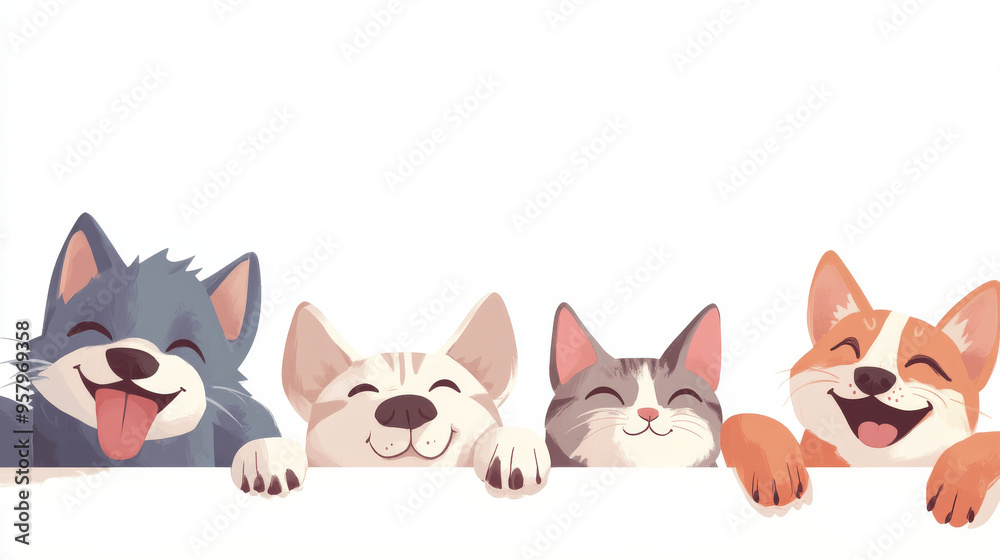 Cute dogs and cats together, hanging their paws over a white horizontal website banner or social media header Cute dogs and cats together, hanging their paws over a white horizontal website banner or social media header