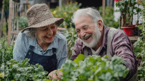 Wallpaper Mural Cheerful Older Couple Embracing in Their Lush Garden Surrounded by Flourishing Foliage Torontodigital.ca