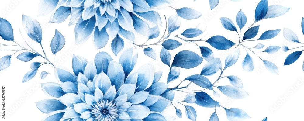 Blue boho medallions in an intricate ornamental pattern, rendered in watercolor style, create a seamless design on a white background. Blue boho medallions in an intricate ornamental pattern, rendered in watercolor style, create a seamless design on a white background.