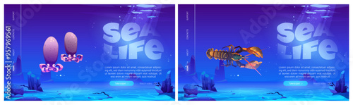 Web banner or landing page template with childish underwater landscape. Cartoon vector seascape with octopus and lobster on sea or ocean deep under water bottom with sand and stones, weeds and bubbles