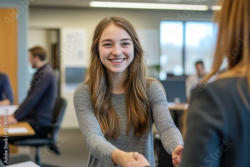 Free Download A young woman with long brown hair is smiling warmly as she shakes hands with someone across - GFXLoad