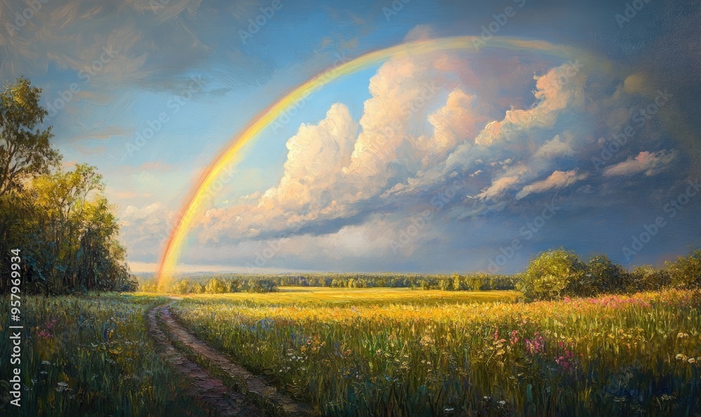 Vibrant oil painting depicting a rainbow arching over a lush field capturing the beauty of a natural phenomenon Vibrant oil painting depicting a rainbow arching over a lush field capturing the beauty of a natural phenomenon
