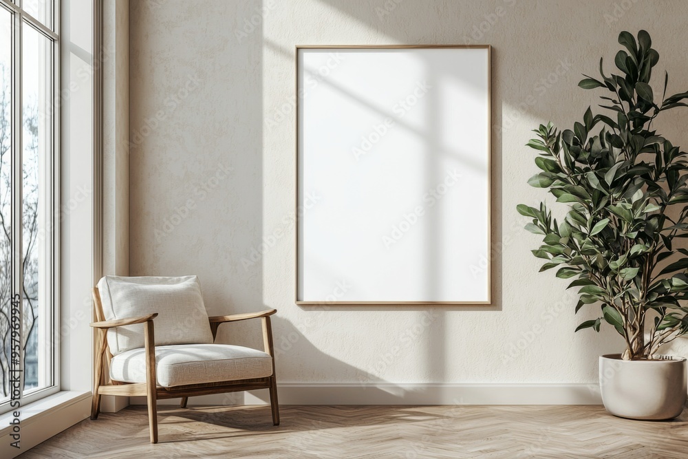 Fototapeta premium Poster Frame in Beige minimalist living room interior created with generative AI