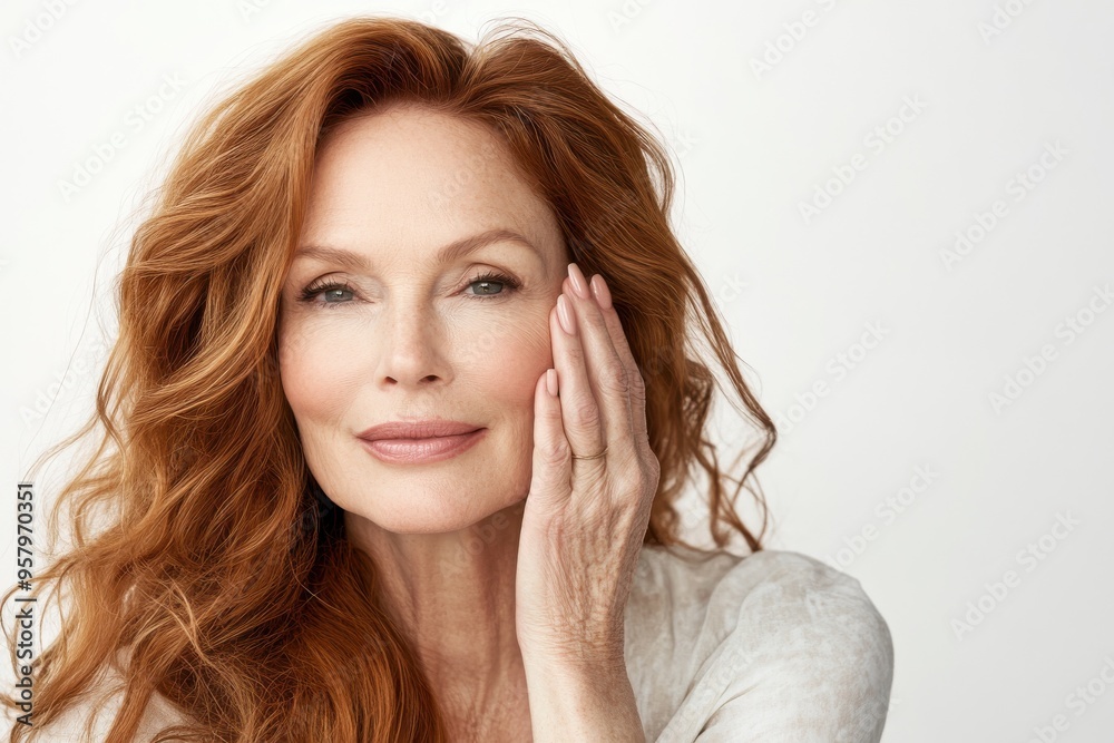 Adult senior older woman touching her perfect skin. Beautiful portrait mid 50s aged woman Adult senior older woman touching her perfect skin. Beautiful portrait mid 50s aged woman