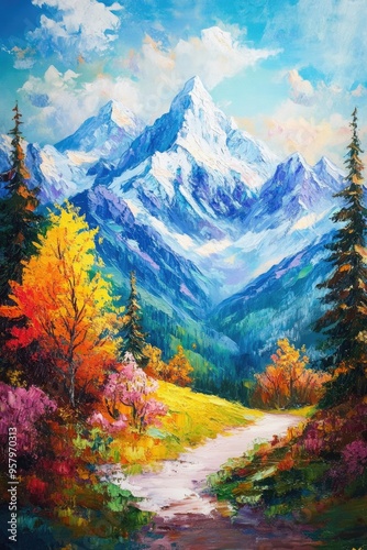 Vibrant oil painting depicting stunning mountain landscapes with rich colors and breathtaking scenery Ideal representation of beautiful natural vistas and mountainous terrains