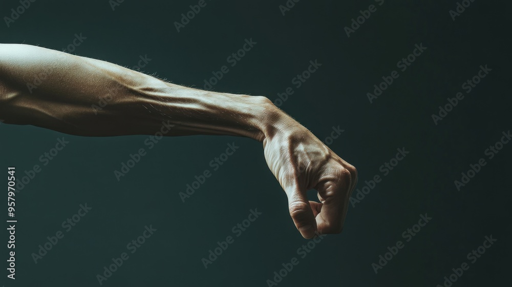 Obraz premium Close-up of a muscular male arm reaching out with a clenched fist, showcasing detailed veins and tendons against a dark blue background.