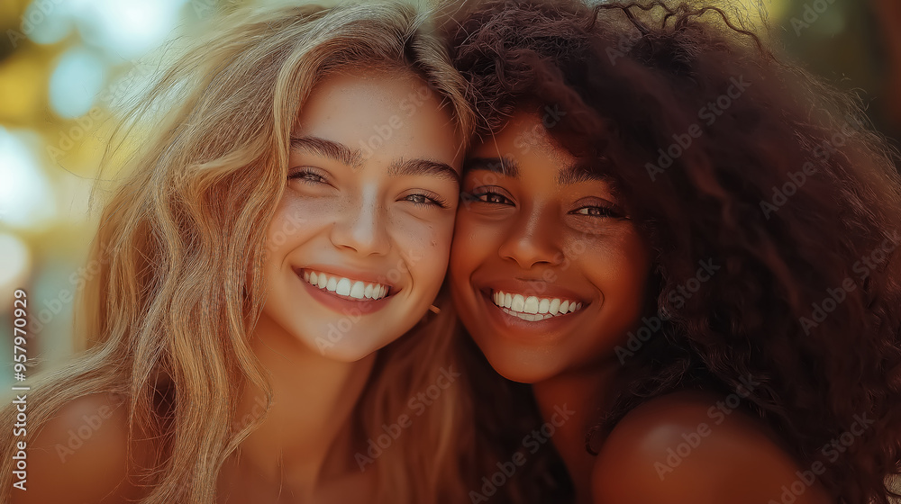 A joyful moment showcasing friendship and diversity in a warm summer atmosphere, perfect for social event promotions or friendship-themed designs. A joyful moment showcasing friendship and diversity in a warm summer atmosphere, perfect for social event promotions or friendship-themed designs.
