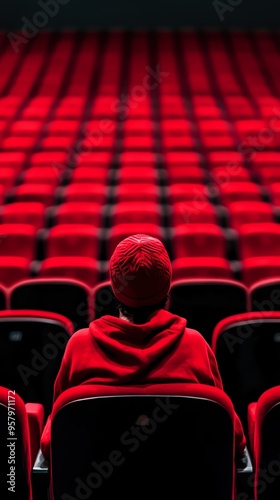 A single person sits in a theater of empty red seats, facing a stage.  The image evokes themes of solitude, performance, and anticipation.