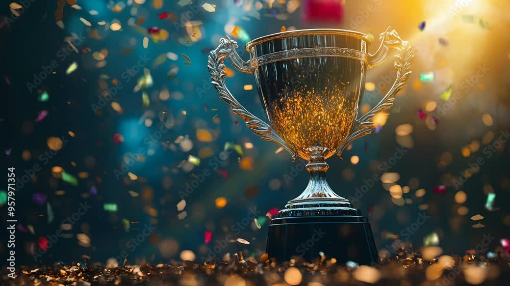Amazing Champion golden winners trophy cup with falling golden confetti on bokeh background