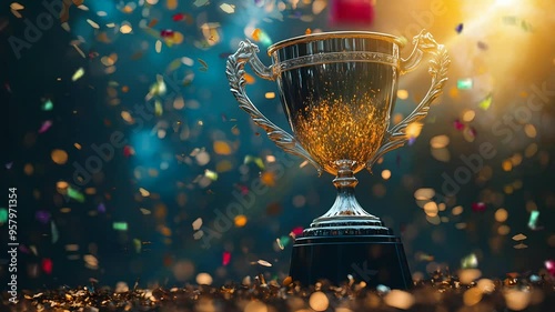 Amazing Champion golden winners trophy cup with falling golden confetti on bokeh background