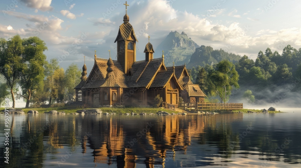 Obraz premium Majestic Wooden Castle Reflected in Serene Lake Surrounded by Forested Mountains
