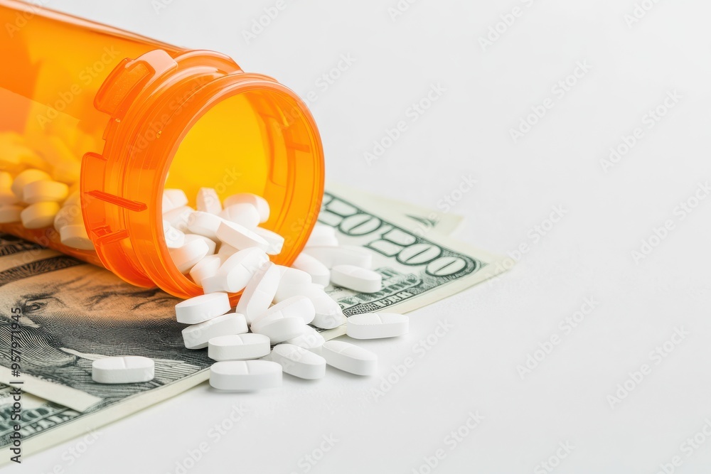 An orange prescription bottle tipped over, spilling white pills onto a pile of U.S. dollar bills