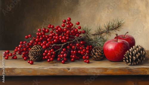 Oil painting depicting clusters of red viburnum berries on a wooden surface alongside an apple and pine cones photo