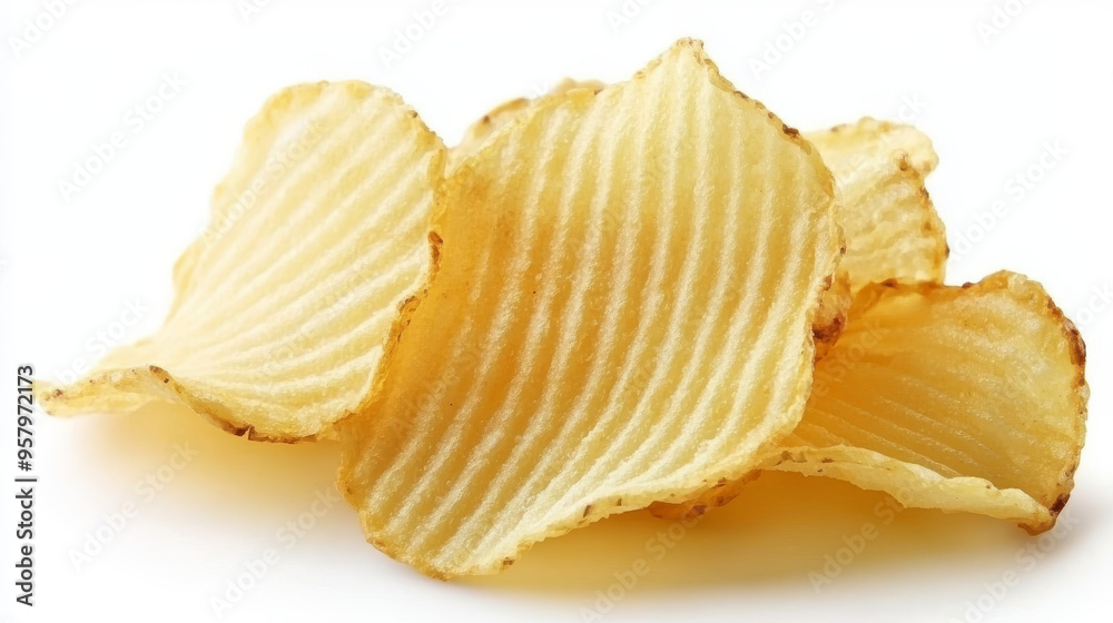 Delicious ridged potato chips on a white background, top view Delicious ridged potato chips on a white background, top view