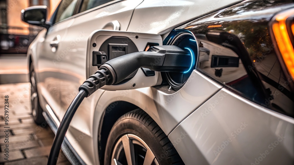 Close-up modern EV Car recharging, Close-up modern EV Car recharging battery from EV charging machine on black color background Close-up modern EV Car recharging, Close-up modern EV Car recharging battery from EV charging machine on black color background