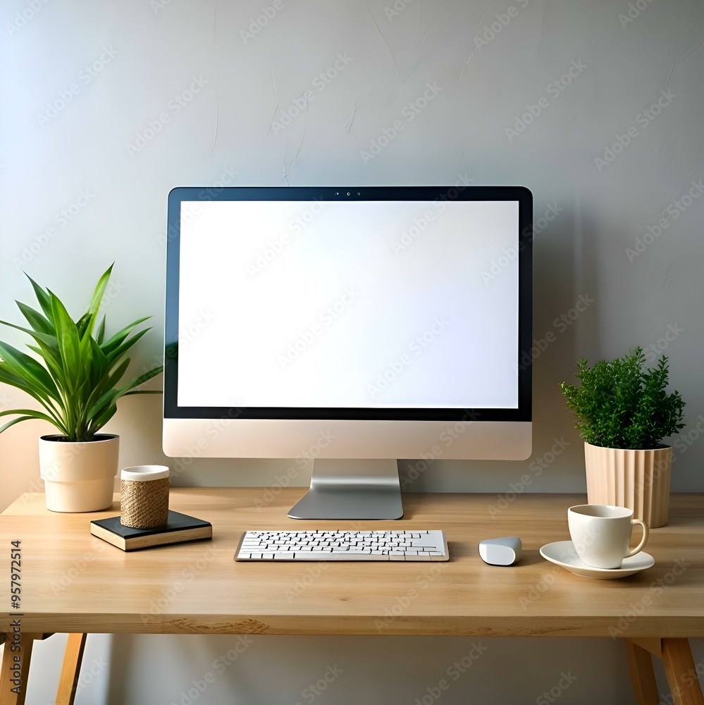 Clean and modern desktop mockup featuring a blank computer screen. a keyboard. mouse. and two potted plants. Clean and modern desktop mockup featuring a blank computer screen. a keyboard. mouse. and two potted plants.