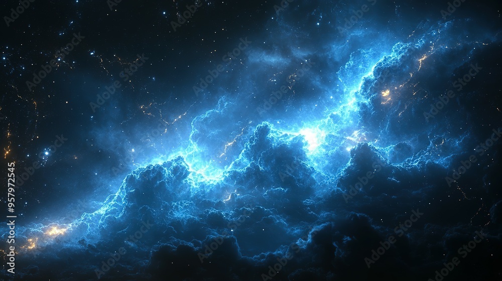 Obraz premium Blue Nebula with Glowing Clouds and Stars