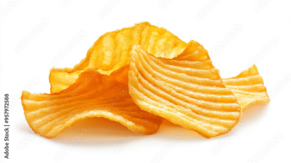 Delicious ridged potato chips on a white background, top view Delicious ridged potato chips on a white background, top view
