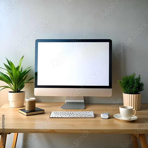 Clean and modern desktop mockup featuring a blank computer screen. a keyboard. mouse. and two potted plants.