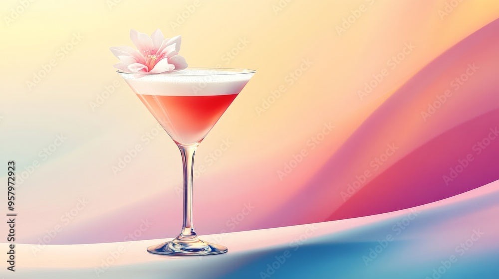 Pink cocktail in a tall stem glass with flower garnish against a pastel gradient background Pink cocktail in a tall stem glass with flower garnish against a pastel gradient background