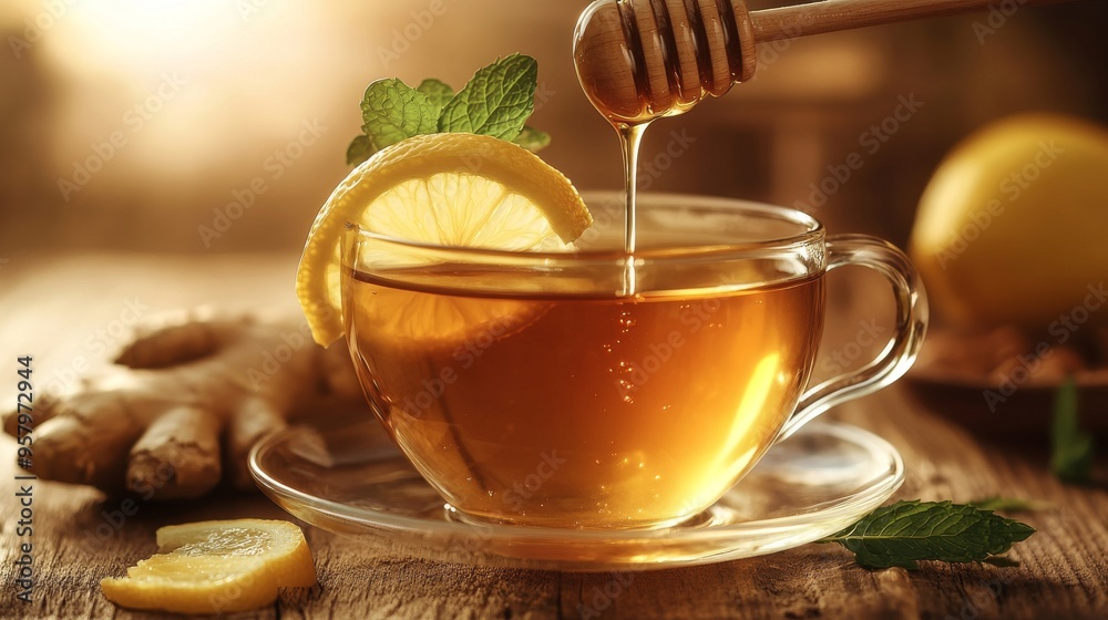 Warm herbal tea with lemon and mint in a clear glass cup with honey dripping from a wooden dipper on a rustic wooden table Warm herbal tea with lemon and mint in a clear glass cup with honey dripping from a wooden dipper on a rustic wooden table