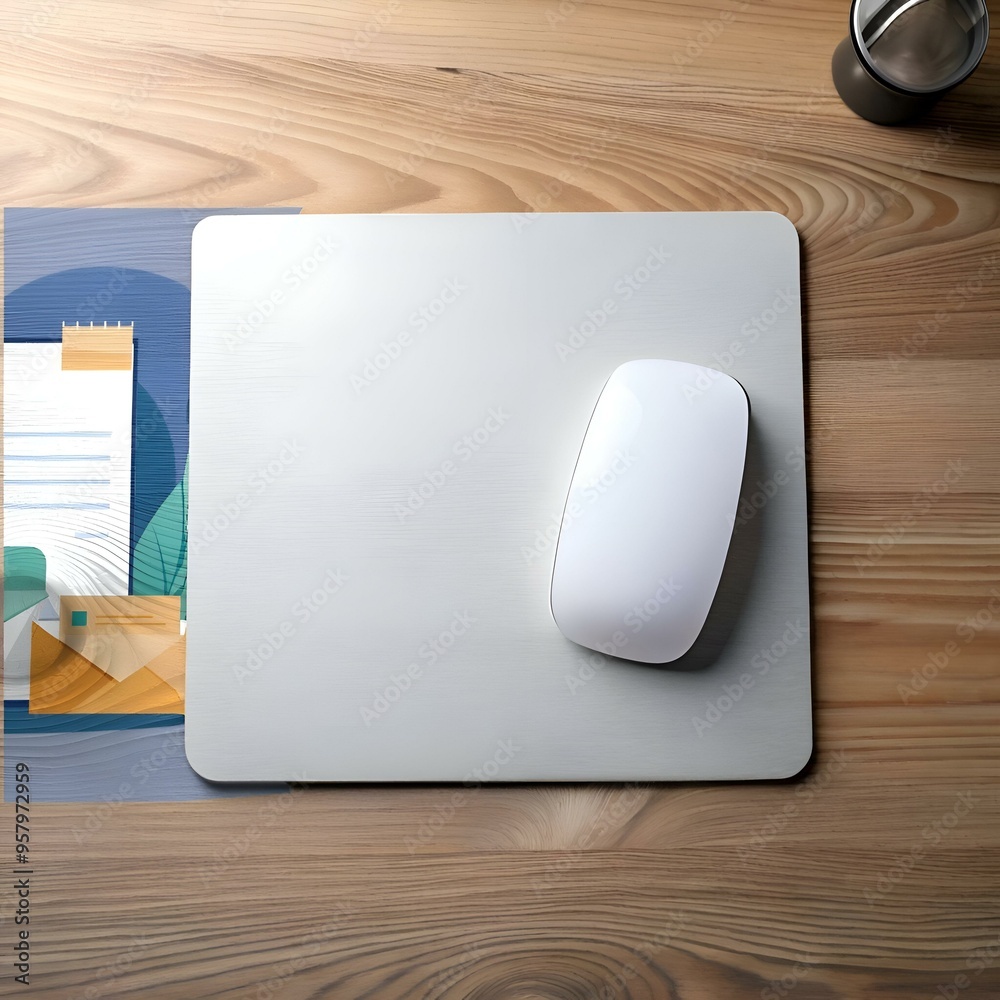 A clean and modern workspace with a white wireless mouse on a silver mousepad. ready for work.