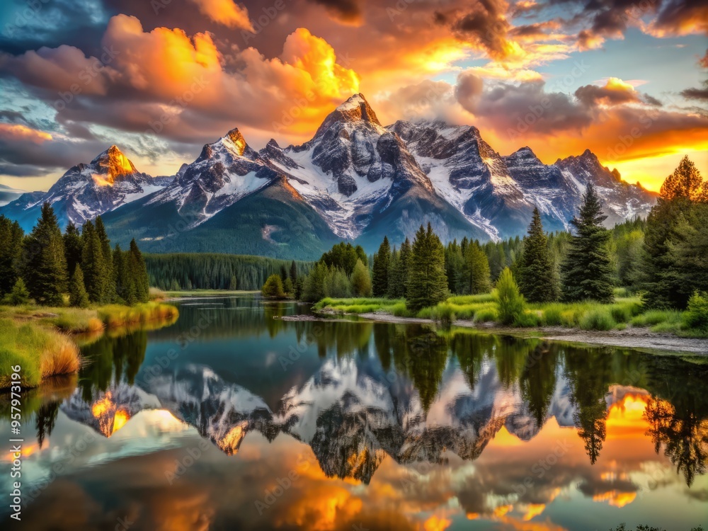 Peaceful Mountain Sunset with Snow-Capped Peaks and Reflections captures the grandeur of majestic peaks rising above the serene valley Peaceful Mountain Sunset with Snow-Capped Peaks and Reflections captures the grandeur of majestic peaks rising above the serene valley