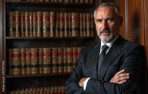 A Lawyer Standing Against blurry Bookshelf in his office with copy space.