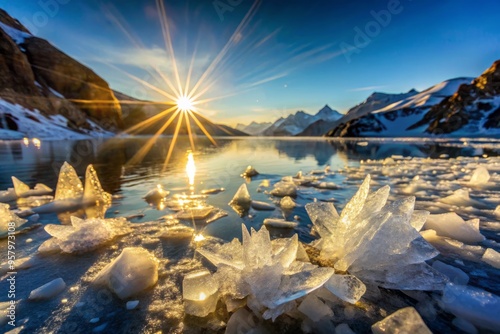 Frozen crystals sparkle like diamonds on the surface of Lake Vostok as the morning sun casts its rays. photo