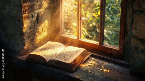 Wallpaper Mural A lone book sits on a sunlit windowsill, its pages poised to reveal hidden worlds.  Torontodigital.ca