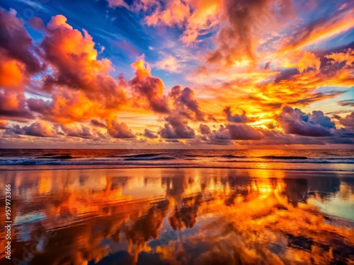Clouds streaked with vibrant shades of orange and pink reflect off the ocean's surface, creating a kaleidoscope of color