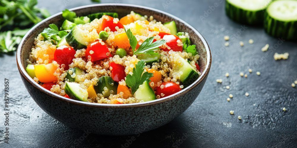 Vibrant quinoa salad with fresh veggies in a bowl, perfect for a healthy meal. Vegetarian, vegan, gluten-free, packed with nutrients. Ideal for lunch or dinner Vibrant quinoa salad with fresh veggies in a bowl, perfect for a healthy meal. Vegetarian, vegan, gluten-free, packed with nutrients. Ideal for lunch or dinner