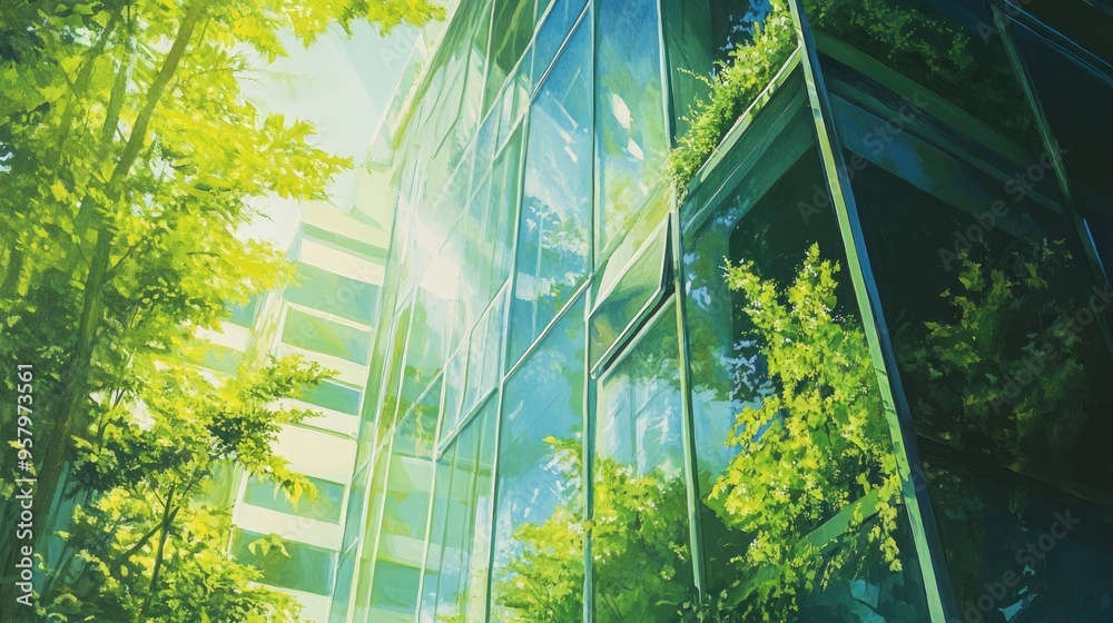 Picture of Oil painting depicting an eco friendly building featuring sustainable ...