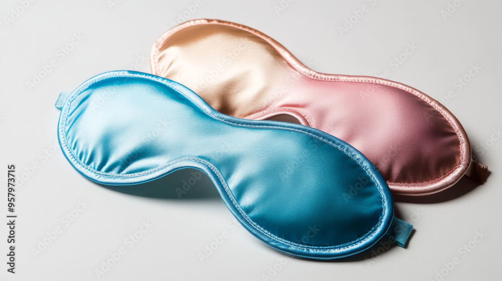Set of different sleeping eye masks on a white background, top view. Bedtime Set of different sleeping eye masks on a white background, top view. Bedtime