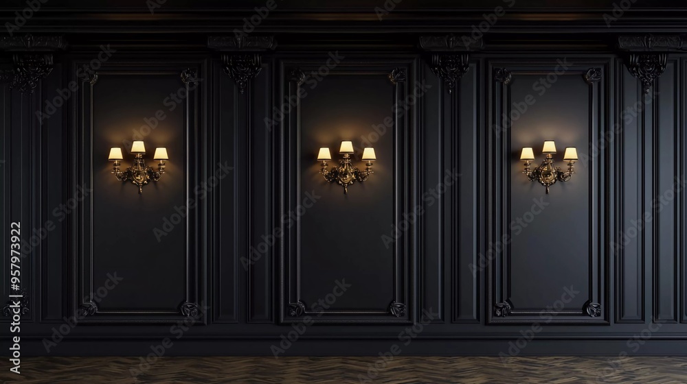 Classic style black wall panel with gilding and wall lights. 3D rendering Classic style black wall panel with gilding and wall lights. 3D rendering