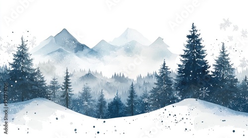 Serene Winter Landscape with Snowy Mountains and Pine Trees in Watercolor Style photo