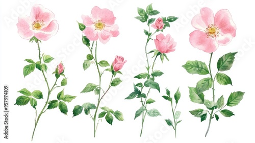 Delicate Watercolor Roses: A Botanical Exploration of Pink Blooms and Lush Greenery