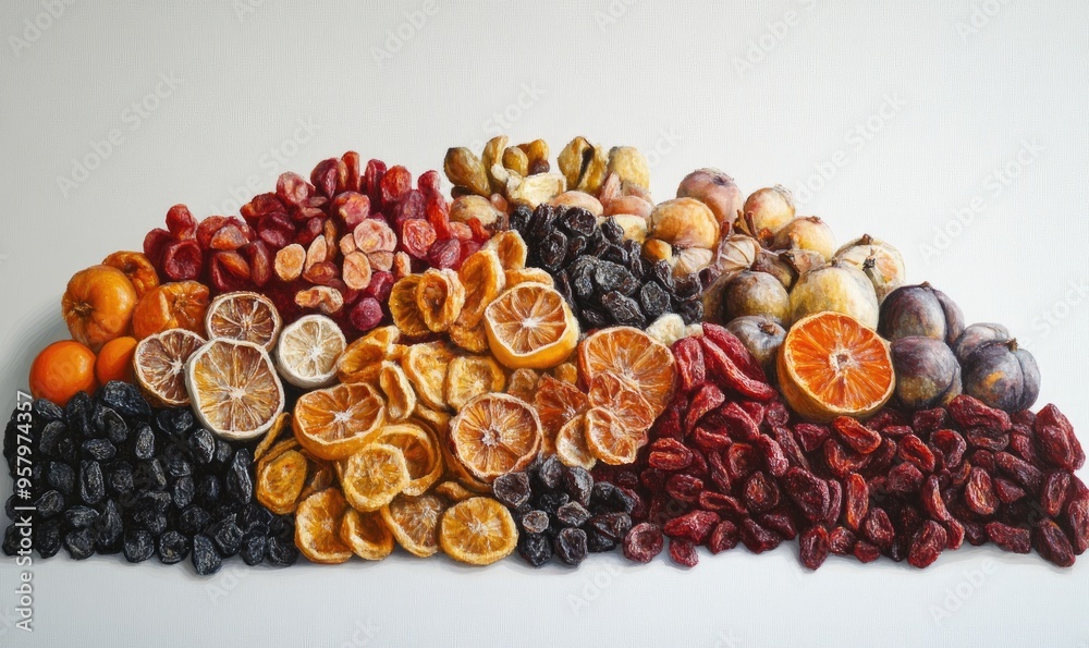 Oil painting depicting an arrangement of dried fruits set against a white background Oil painting depicting an arrangement of dried fruits set against a white background