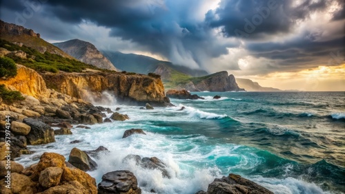 A dramatic, low-angle shot of a Greek island's rugged coastline, with waves crashing against the rocks and a misty veil hanging over the landscape, as the rain begins to clear.