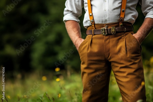 Close-up of a man wearing brown trousers, a white shirt, a belt, and suspenders, standing in a field.