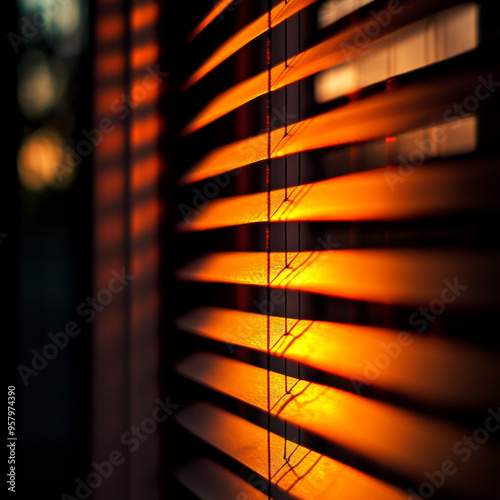 Blowing window blinds in the evening, orange light coming through, dark room, shadows on the wall, bokeh effect