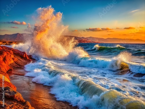 Red Sea in the afternoon capturing the dynamic movement of waves crashing against the shore, with sea spray flying high