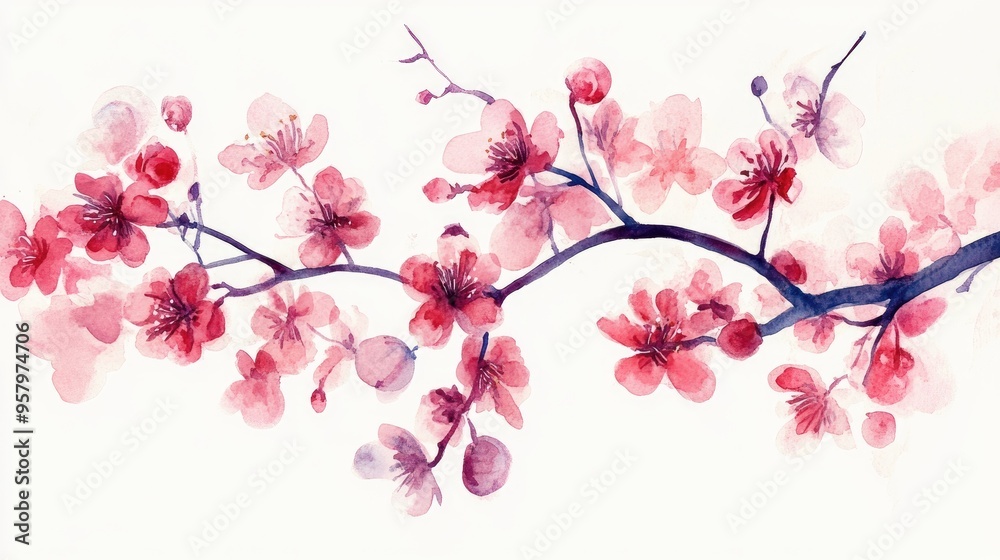 Naklejka premium Delicate Cherry Blossoms in Watercolor: A Stunning Floral Artwork Celebrating Spring's Beauty