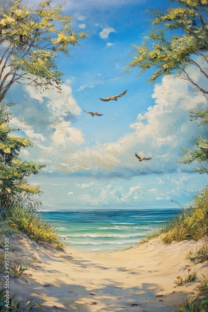 Oil painting depicting birds in flight over a scenic beach landscape with an ocean view and natural scenery Oil painting depicting birds in flight over a scenic beach landscape with an ocean view and natural scenery