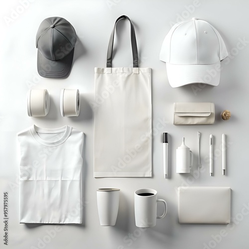 A clean and modern mockup of promotional merchandise featuring a t shirt. tote bag. caps. mugs. and other branded items.