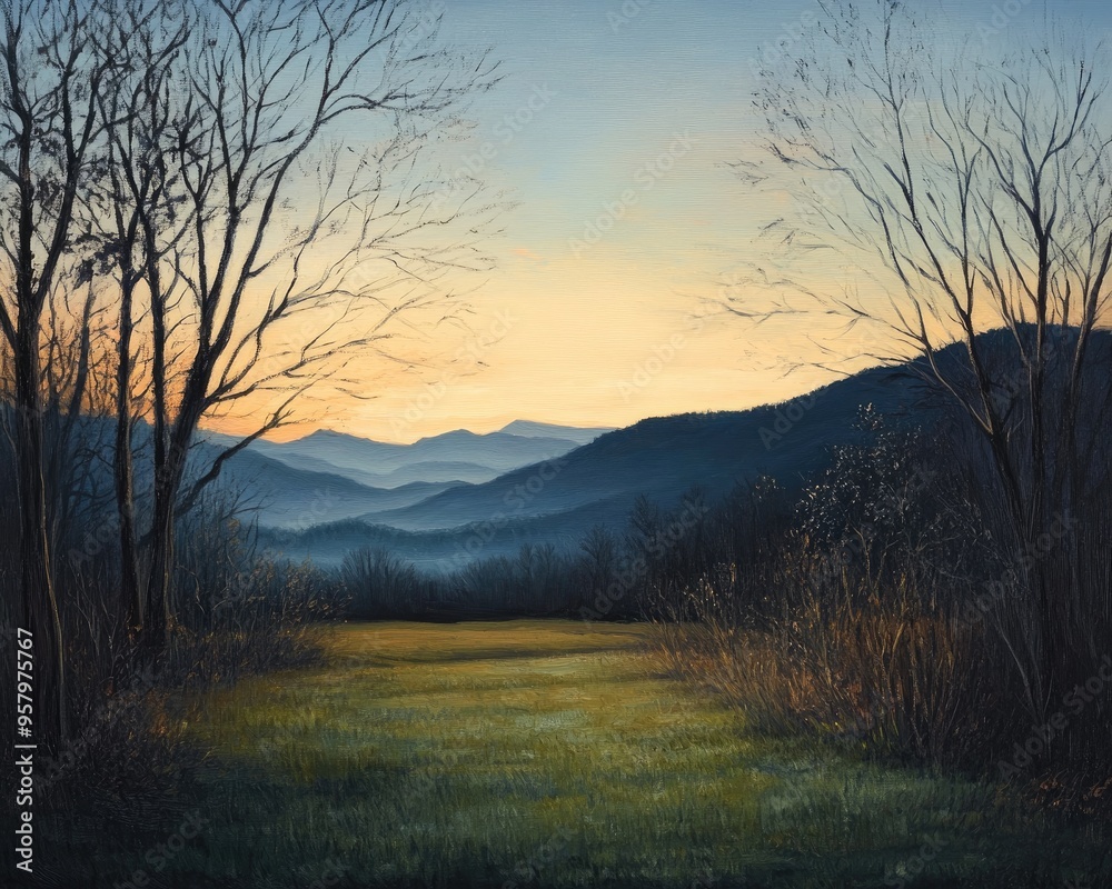 Oil painting depicting a serene landscape featuring green grass bare trees and mountains captured at sunset with backlighting Oil painting depicting a serene landscape featuring green grass bare trees and mountains captured at sunset with backlighting